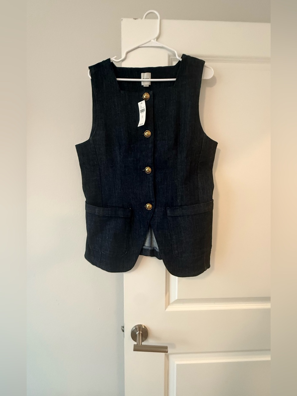 Maeve Navy Denim-Style Sleeveless Vest with Gold-Tone Button Detail - Picture 7 of 11